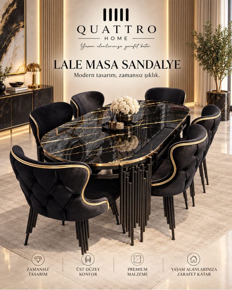 Lale Masa Sandalye Takımı – Siyah Mermer Desenli Gold Detaylı Modern Yemek Masası