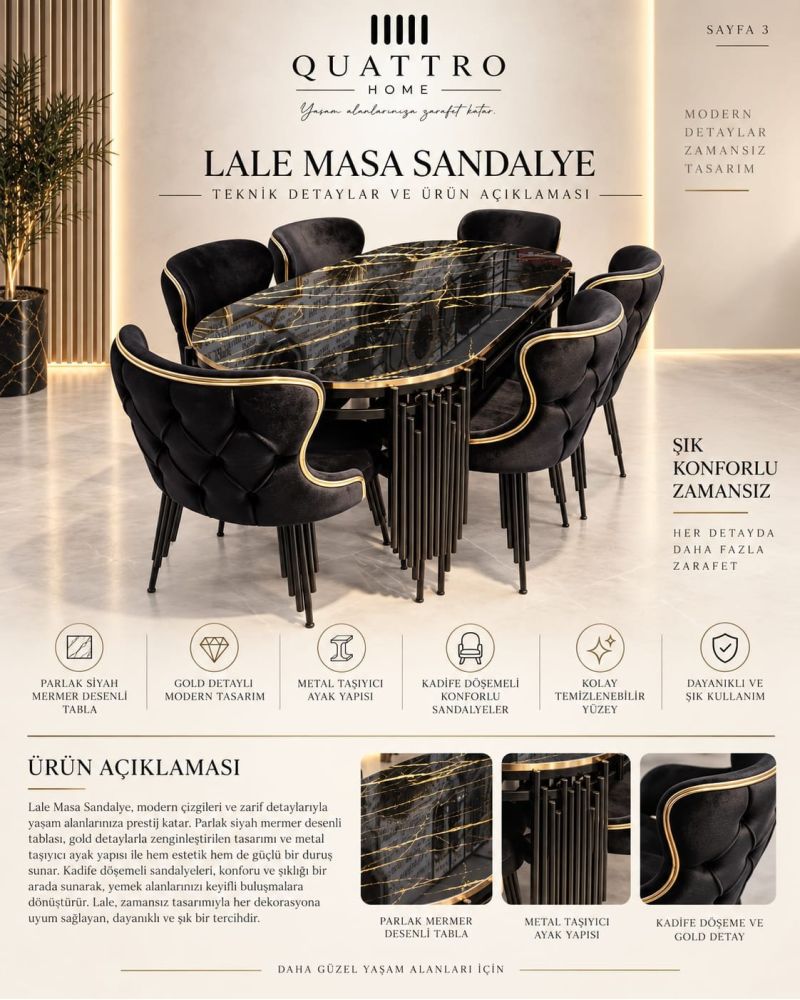 Lale Masa Sandalye Takımı – Siyah Mermer Desenli Gold Detaylı Modern Yemek Masası