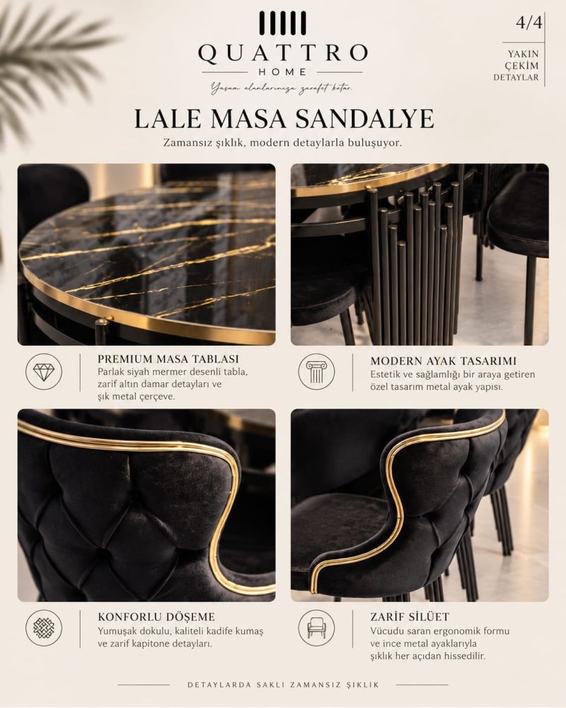 Lale Masa Sandalye Takımı – Siyah Mermer Desenli Gold Detaylı Modern Yemek Masası