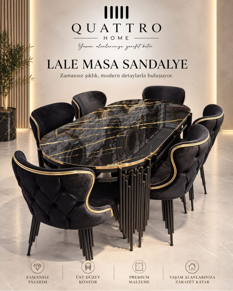 Lale Masa Sandalye Takımı – Siyah Mermer Desenli Gold Detaylı Modern Yemek Masası