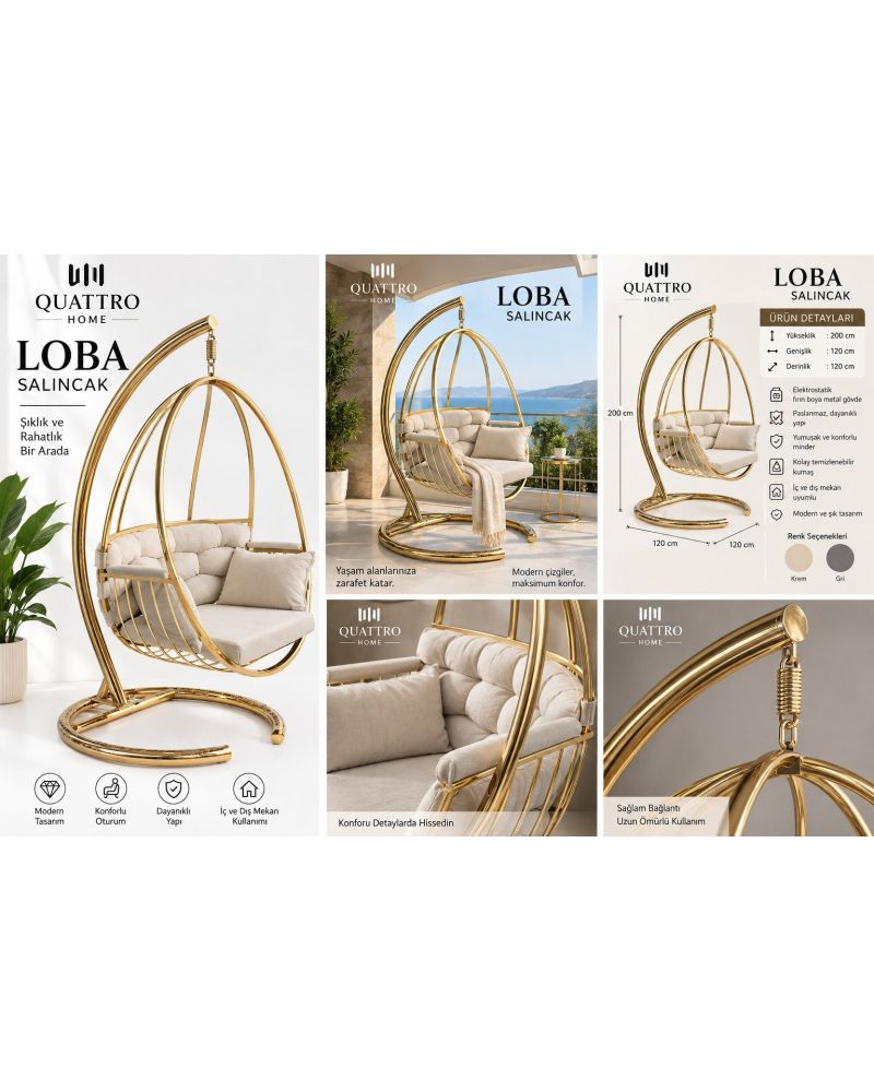 Loba Salıncak – Gold Metal Gövdeli Minderli Bahçe ve Balkon Salıncağı