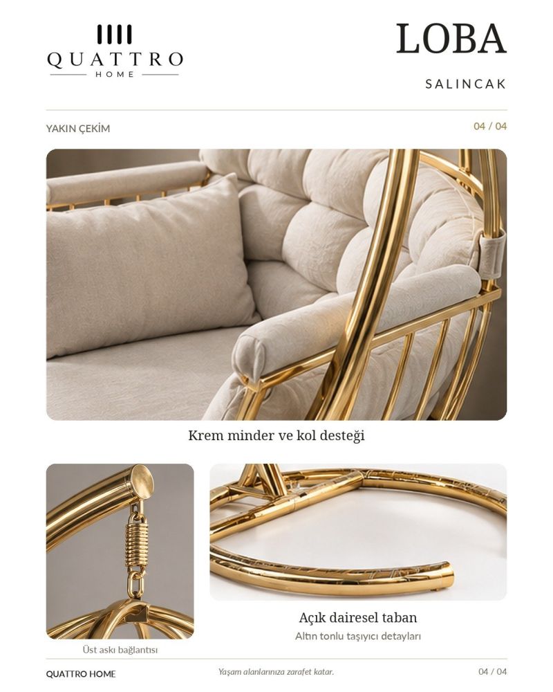 Loba Salıncak – Gold Metal Gövdeli Minderli Bahçe ve Balkon Salıncağı
