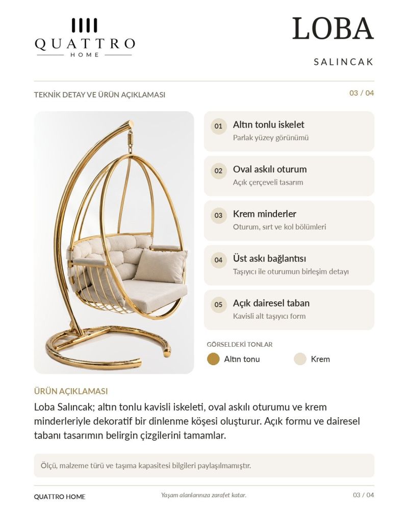 Loba Salıncak – Gold Metal Gövdeli Minderli Bahçe ve Balkon Salıncağı