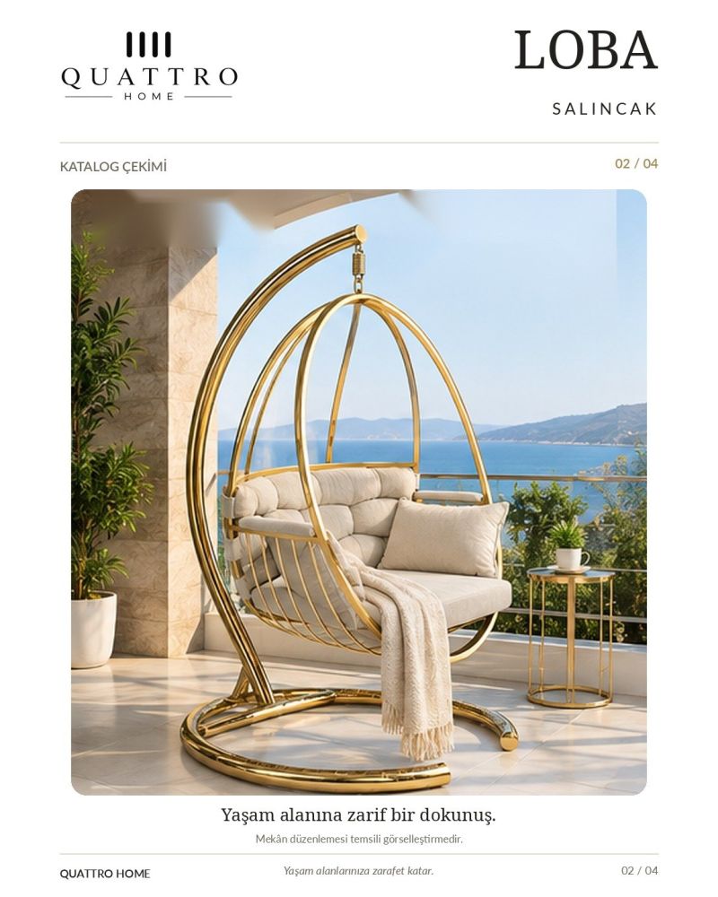 Loba Salıncak – Gold Metal Gövdeli Minderli Bahçe ve Balkon Salıncağı