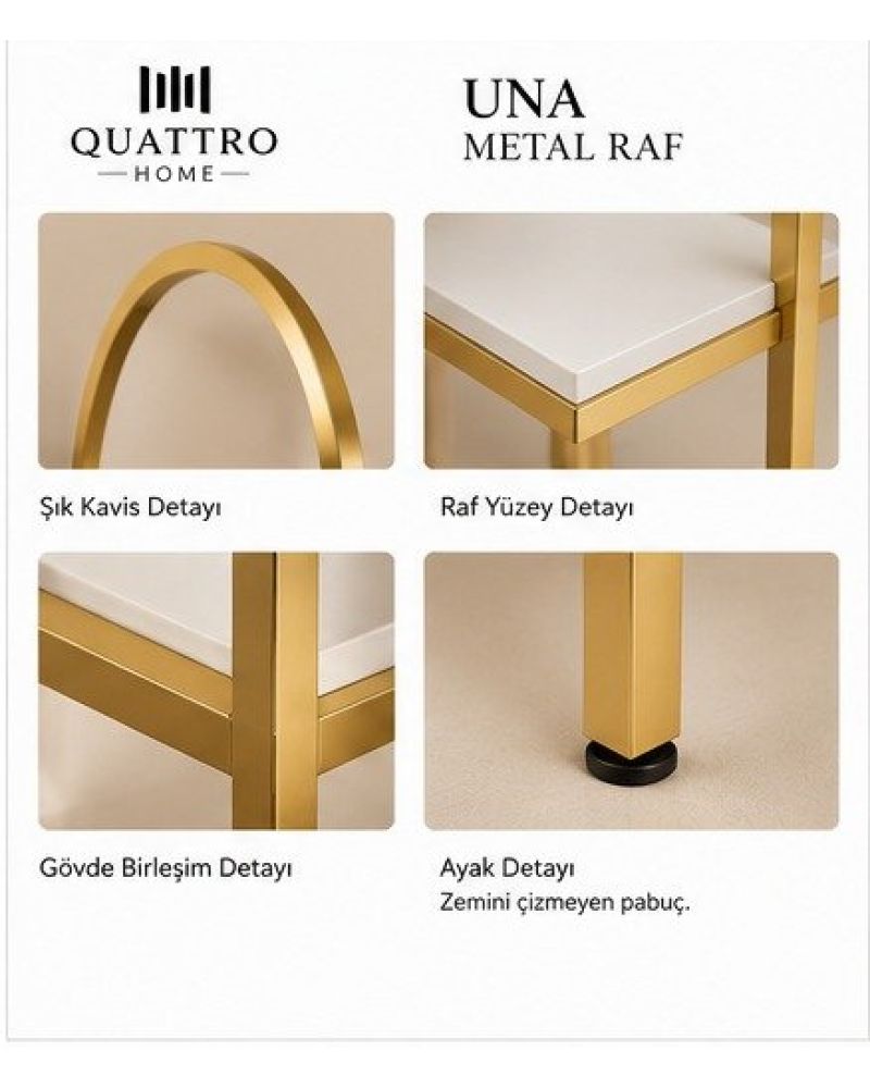 Una Metal Raf – Gold Gövdeli 4 Katlı Dekoratif Raf Ünitesi