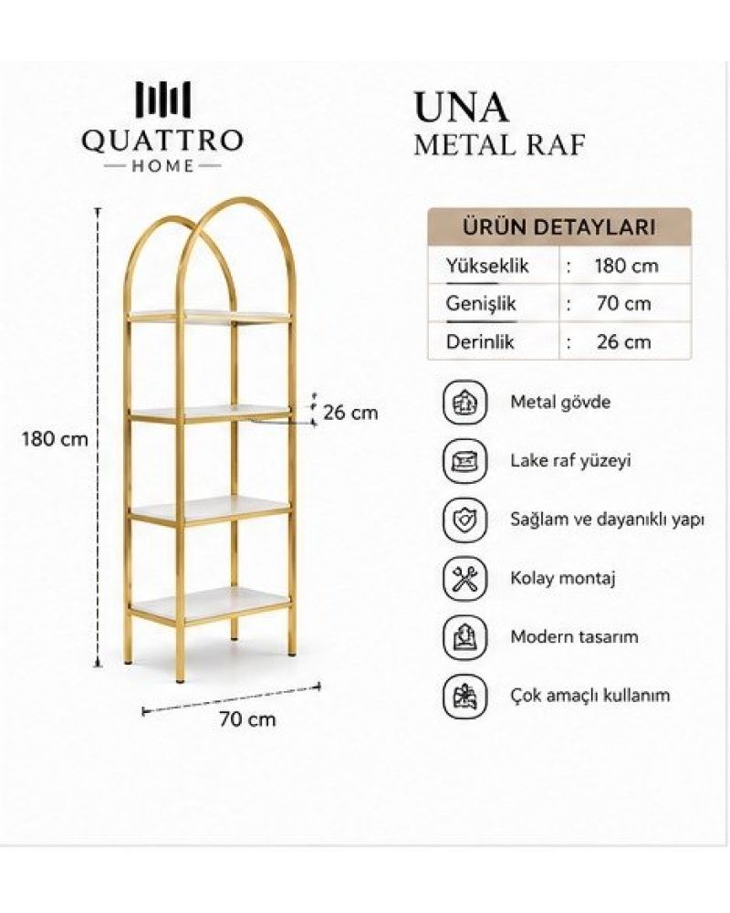 Una Metal Raf – Gold Gövdeli 4 Katlı Dekoratif Raf Ünitesi