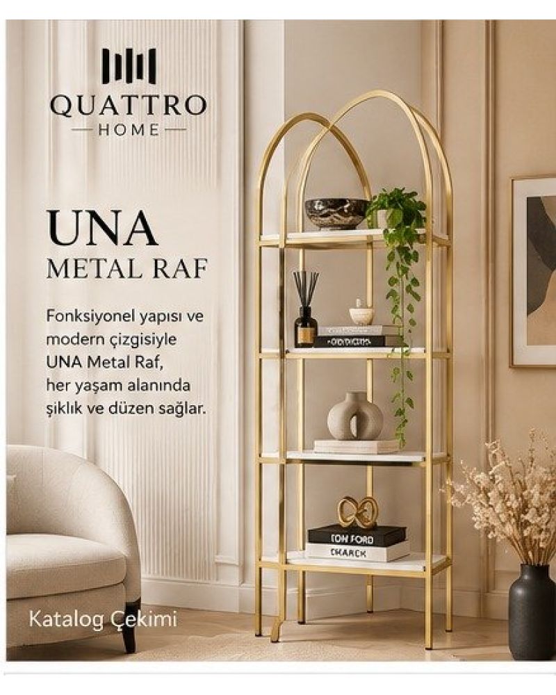 Una Metal Raf – Gold Gövdeli 4 Katlı Dekoratif Raf Ünitesi