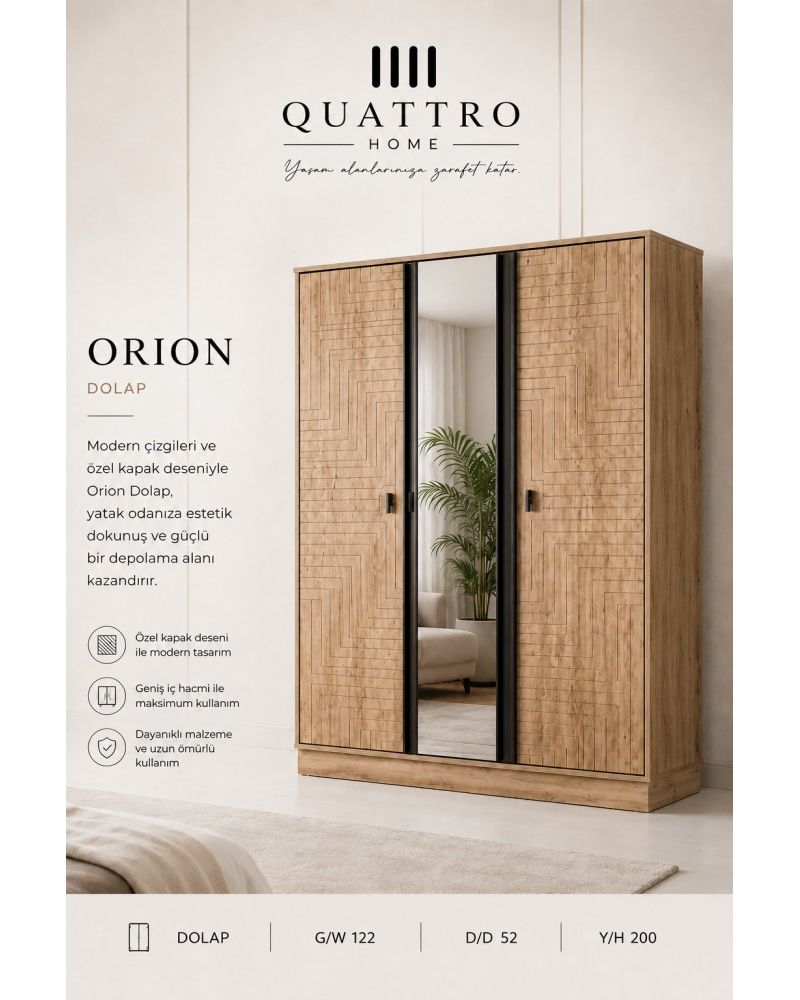 Quattro Home Orion Dolap  Aynalı Özel Kapak Desenli Modern Gardırop