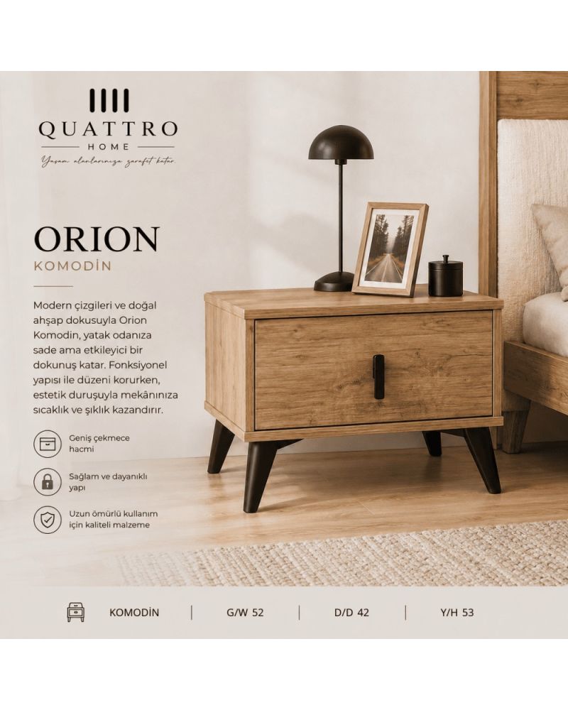 Quattro Home Orion Komodin Ahşap Görünümlü Modern Yatak Odası Komodini
