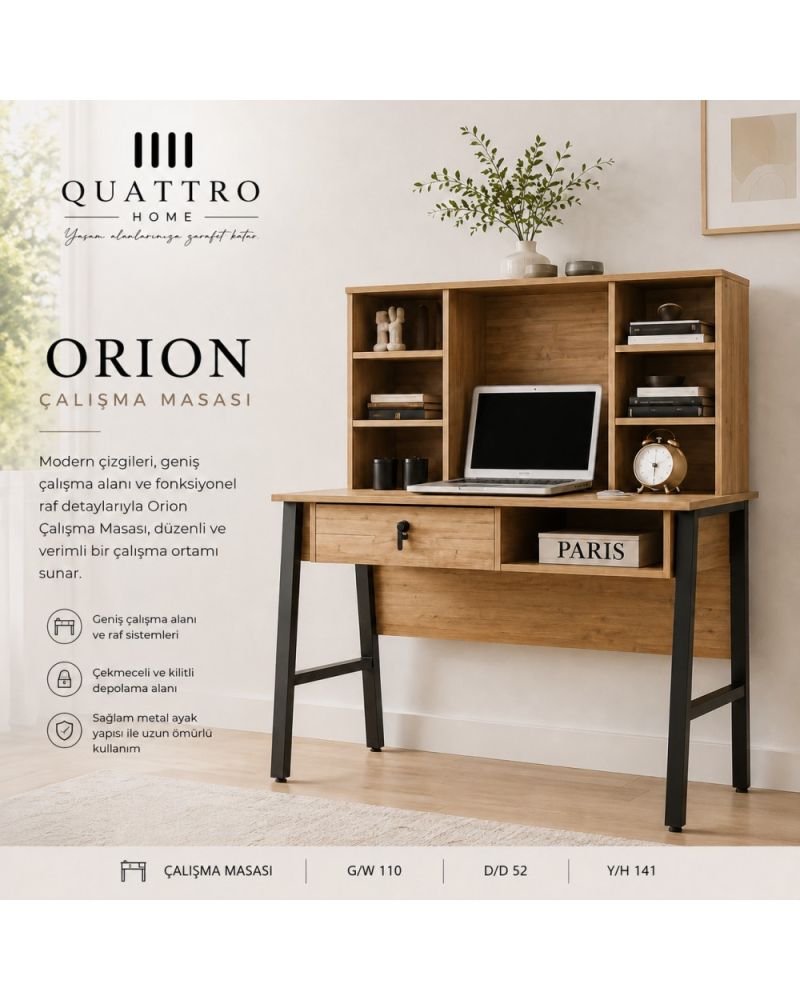 Quattro Home Orion Çalışma Masası Raflı Kilitli Çekmeceli Modern Masa