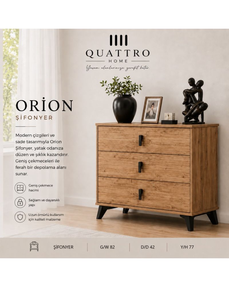 Quattro Home Orion Şifonyer 3 Çekmeceli Ahşap Görünümlü Modern Şifonyer