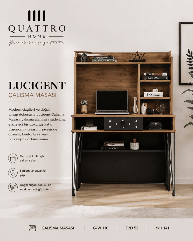 Quattro Home Nexus Çalışma Masası Raflı Modern Çalışma Masası