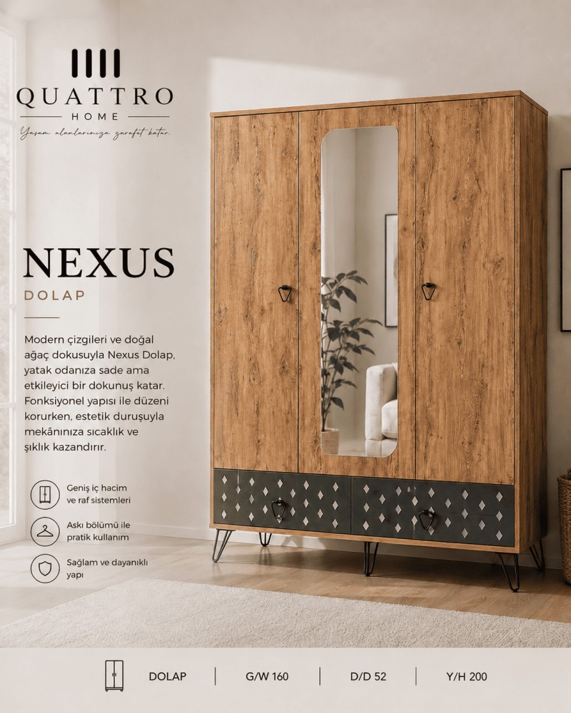 Quattro Home Nexus Dolap  Aynalı Ahşap Görünümlü Modern Gardırop