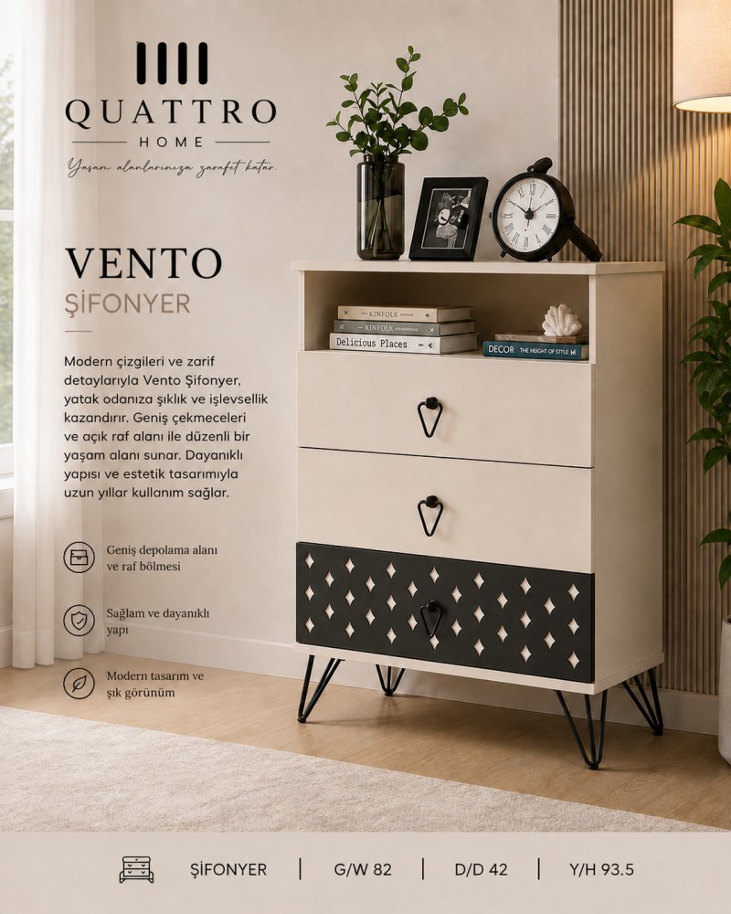 Quattro Home Vento Şifonyer Raflı 3 Çekmeceli Modern Şifonyer