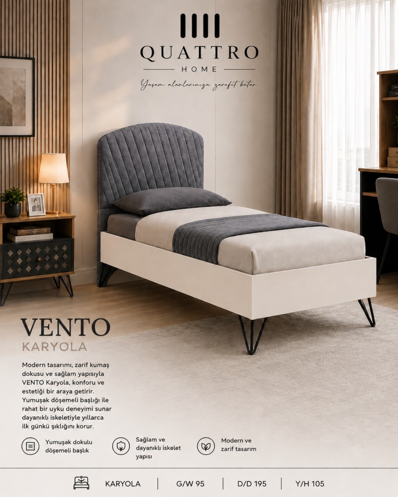 Quattro Home Vento Karyola  Döşemeli Başlıklı Modern Tek Kişilik Karyola