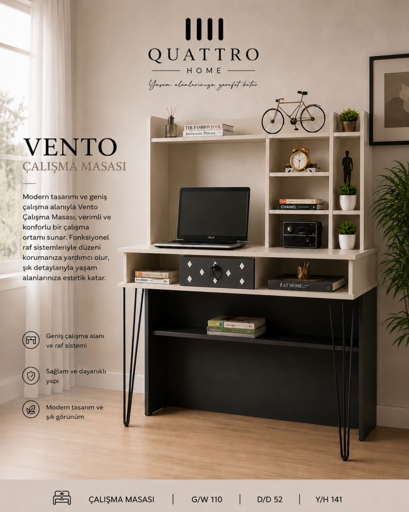 Quattro Home Vento Çalışma Masası Raflı Modern Çalışma Masası