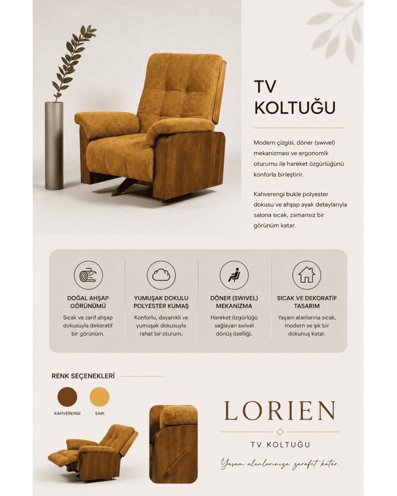Quattro Home Lorien TV Koltuğu Döner Mekanizmalı Bukle Polyester Kumaş Ahşap Detaylı Koltuk
