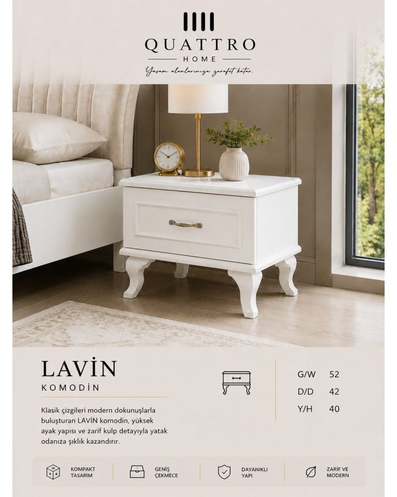 Quattro Home Lavin Komodin Beyaz Klasik Modern Yatak Odası Komodini