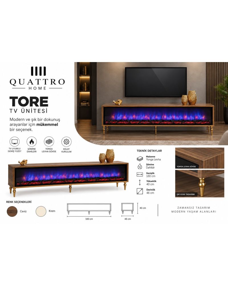Tore Şömineli TV Ünitesi Ceviz Gold Detaylı Modern Tasarım 160 cm