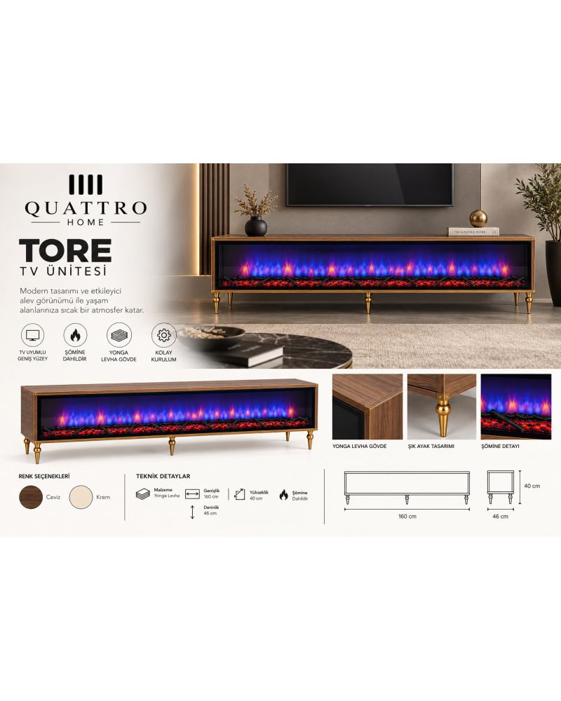 Tore Şömineli TV Ünitesi Ceviz Gold Detaylı Modern Tasarım 160 cm