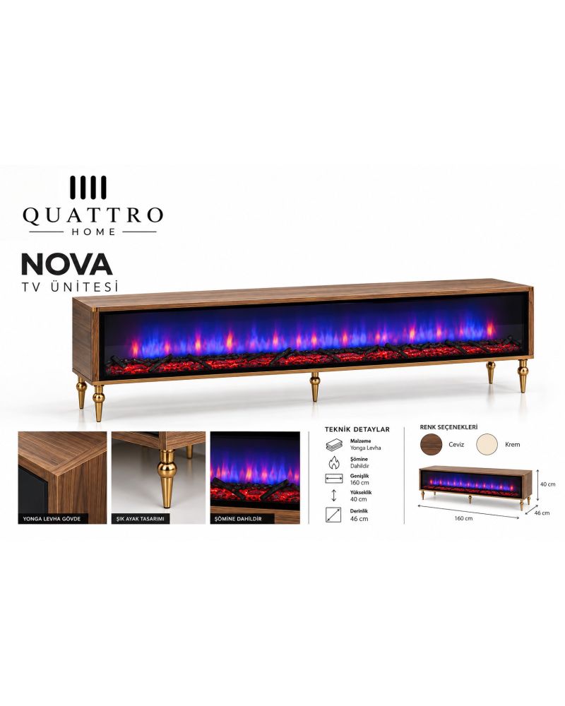 Nova Şömineli TV Ünitesi Ceviz Modern Tasarım 160 cm