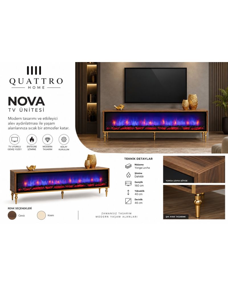 Nova Şömineli TV Ünitesi Ceviz Modern Tasarım 160 cm