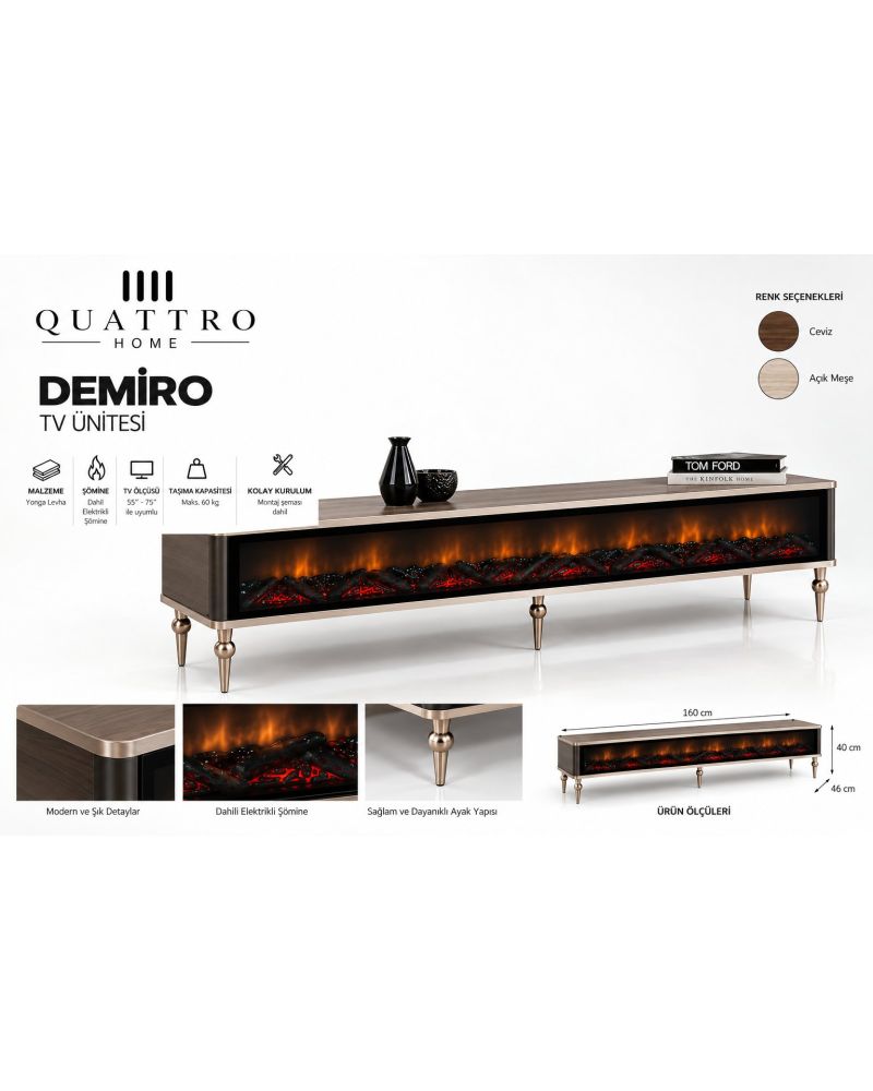 Demiro Elektrikli Şömineli TV Ünitesi 160 cm Açık Meşe Metal Ayaklı Modern TV Sehpası