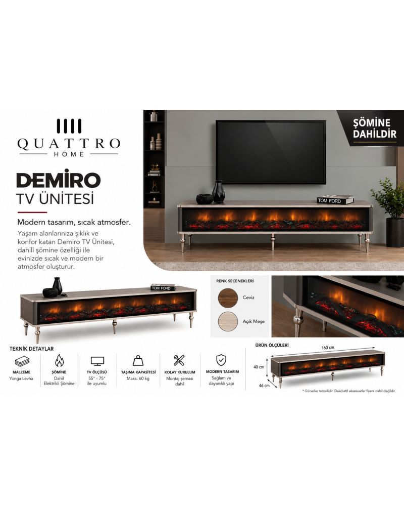 Demiro Elektrikli Şömineli TV Ünitesi 160 cm Açık Meşe Metal Ayaklı Modern TV Sehpası