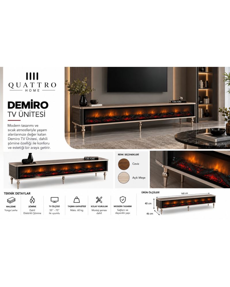 Demiro Elektrikli Şömineli TV Ünitesi 160 cm Açık Meşe Metal Ayaklı Modern TV Sehpası