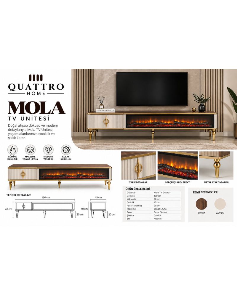 Mola Elektrikli Şömineli TV Ünitesi 160 cm Ceviz Aytaşı Gold Metal Ayaklı Modern TV Sehpası