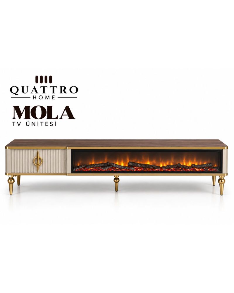 Mola Elektrikli Şömineli TV Ünitesi 160 cm Ceviz Aytaşı Gold Metal Ayaklı Modern TV Sehpası