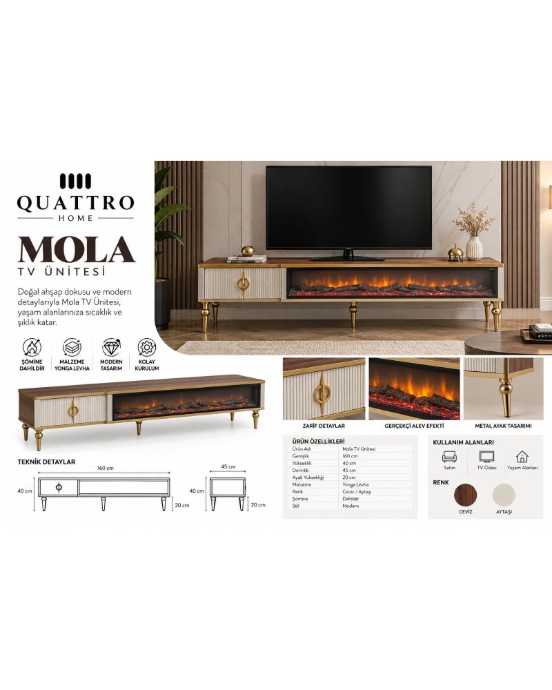 Mola Elektrikli Şömineli TV Ünitesi 160 cm Ceviz Aytaşı Gold Metal Ayaklı Modern TV Sehpası