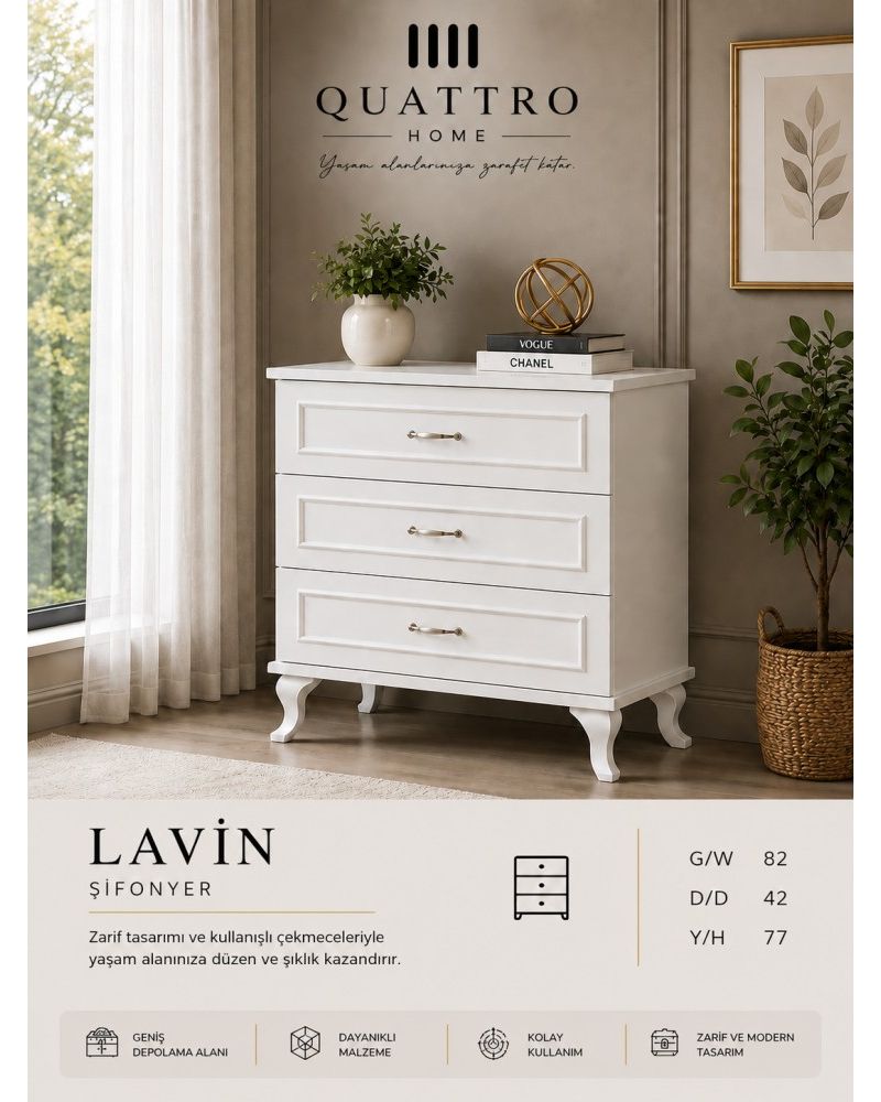Quattro Home Lavin Şifonyer  3 Çekmeceli Beyaz Modern Şifonyer