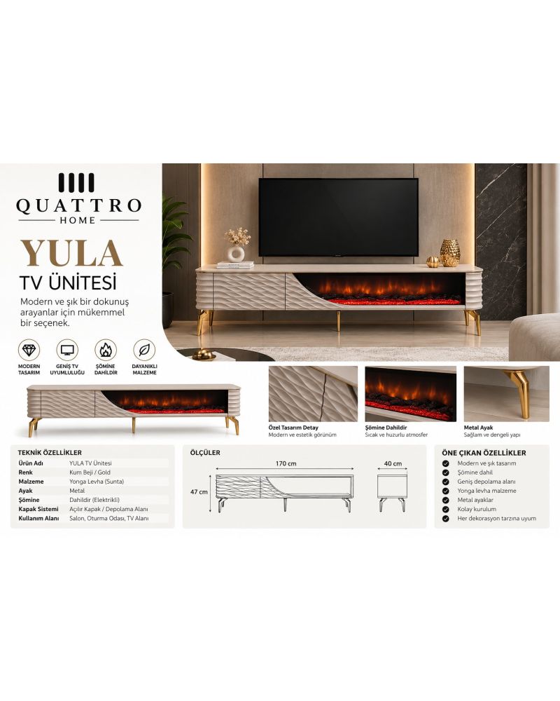 Yula Elektrikli Şömineli TV Ünitesi 170 cm Kum Beji Gold Metal Ayaklı Modern TV Sehpası