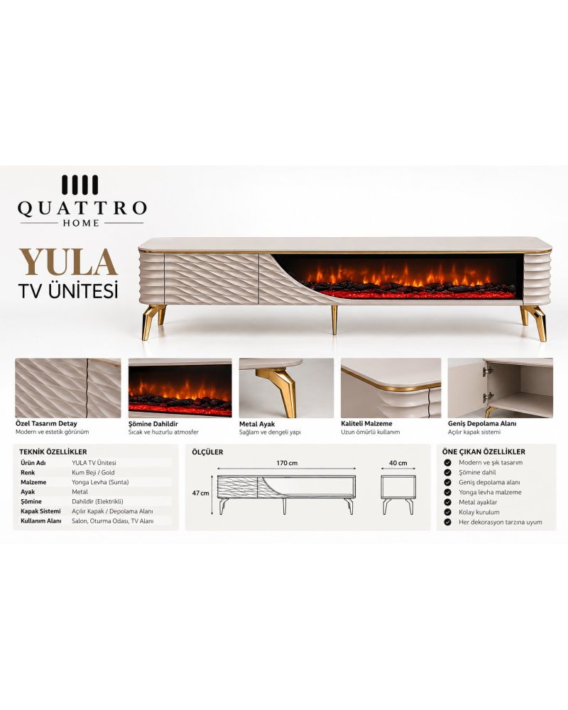 Yula Elektrikli Şömineli TV Ünitesi 170 cm Kum Beji Gold Metal Ayaklı Modern TV Sehpası