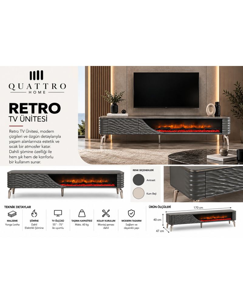 Retro Elektrikli Şömineli TV Ünitesi 170 cm Antrasit Krom Ayaklı Dalgalı Kapaklı Modern TV Sehpası