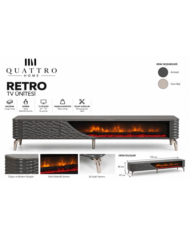 Retro Elektrikli Şömineli TV Ünitesi 170 cm Antrasit Krom Ayaklı Dalgalı Kapaklı Modern TV Sehpası