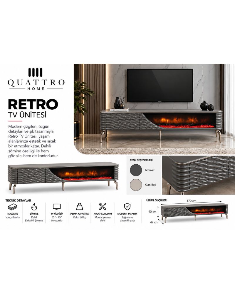 Retro Elektrikli Şömineli TV Ünitesi 170 cm Antrasit Krom Ayaklı Dalgalı Kapaklı Modern TV Sehpası