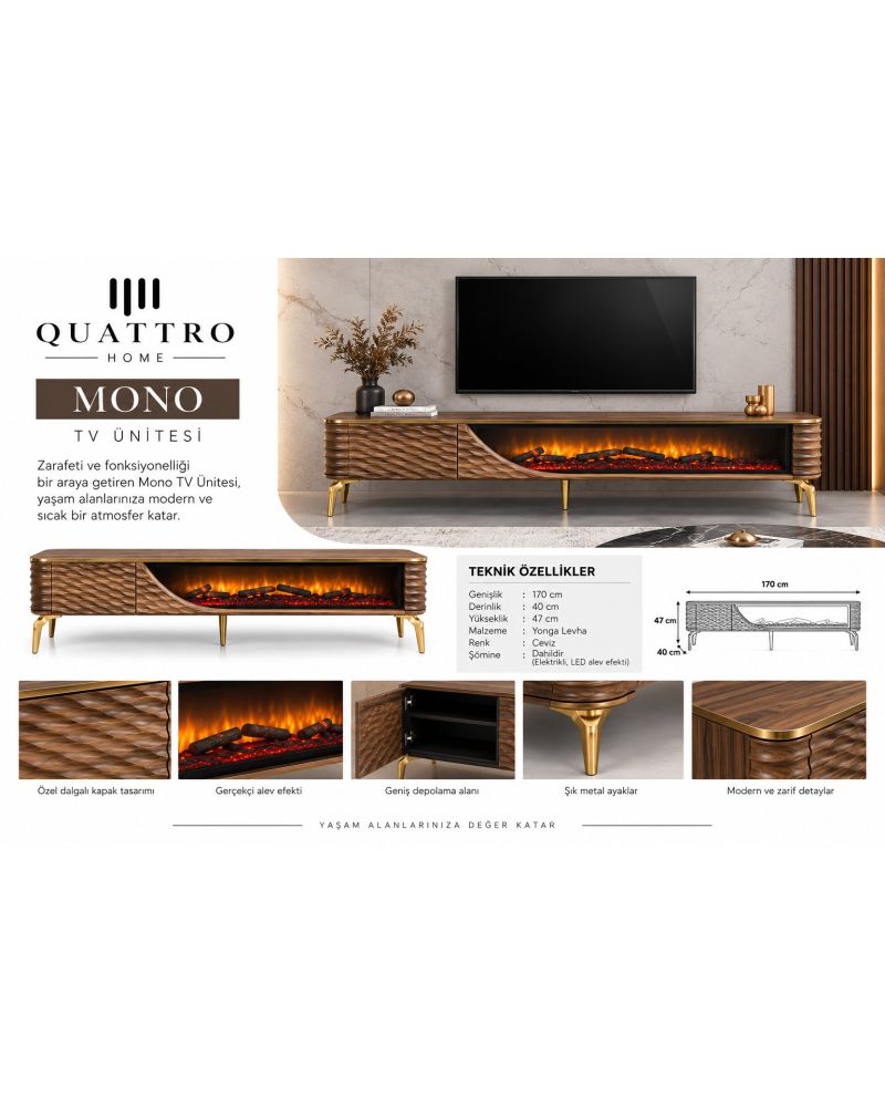 Mono Elektrikli Şömineli TV Ünitesi 170 cm Ceviz Gold Metal Ayaklı Dalgalı Kapaklı Modern TV Sehpası