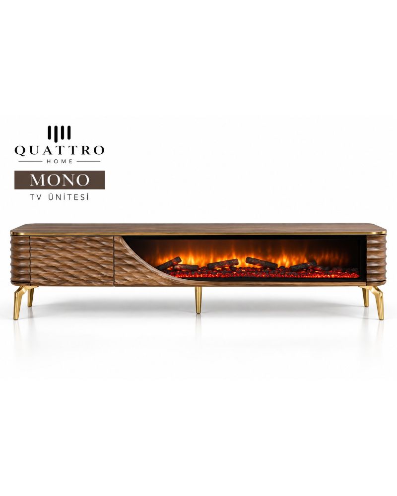 Mono Elektrikli Şömineli TV Ünitesi 170 cm Ceviz Gold Metal Ayaklı Dalgalı Kapaklı Modern TV Sehpası