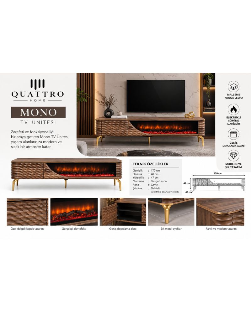 Mono Elektrikli Şömineli TV Ünitesi 170 cm Ceviz Gold Metal Ayaklı Dalgalı Kapaklı Modern TV Sehpası
