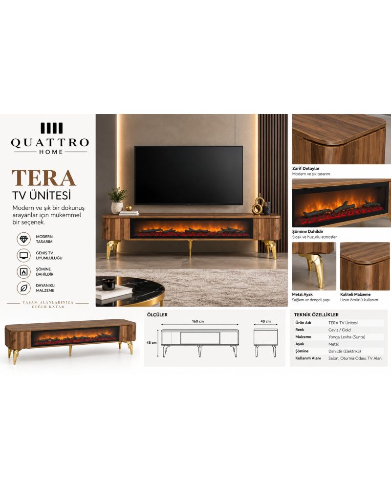 Tera Elektrikli Şömineli TV Ünitesi 160 cm Ceviz Gold Metal Ayaklı Modern TV Sehpası