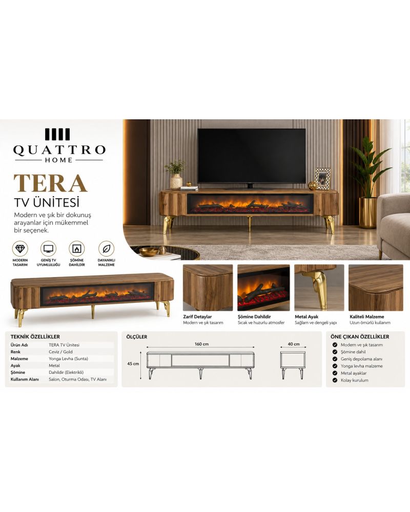 Tera Elektrikli Şömineli TV Ünitesi 160 cm Ceviz Gold Metal Ayaklı Modern TV Sehpası