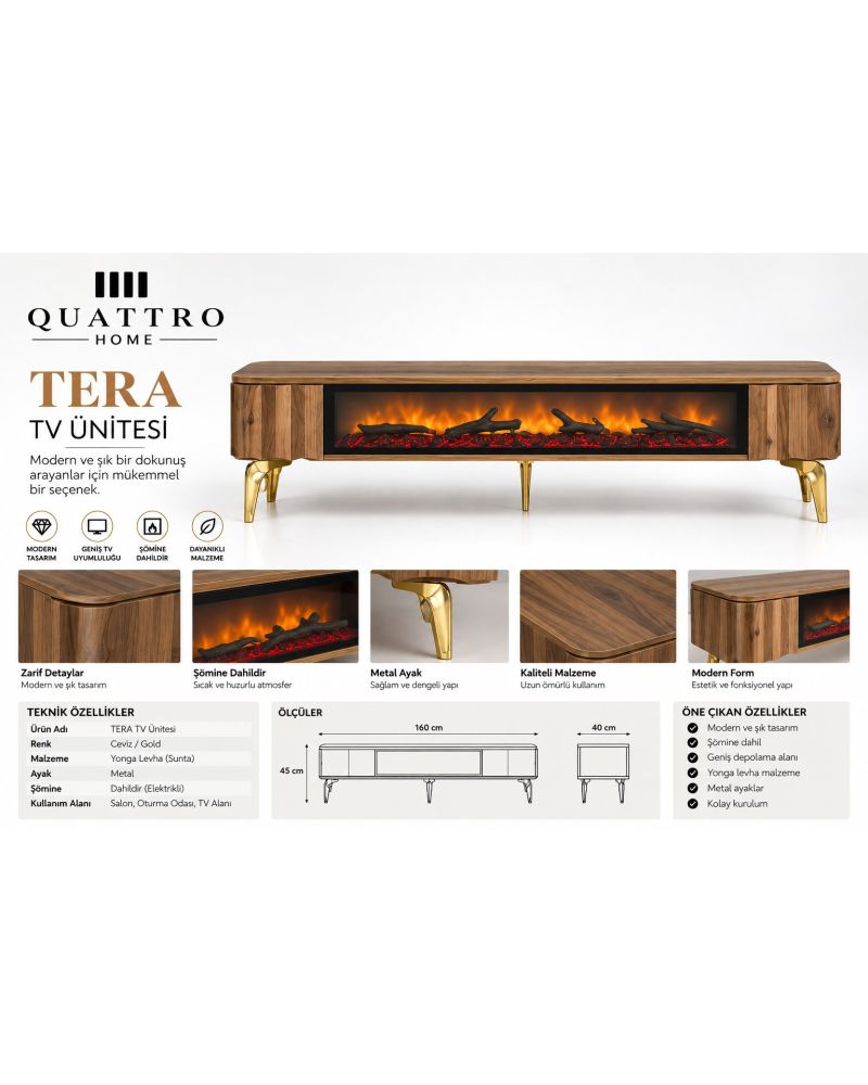 Tera Elektrikli Şömineli TV Ünitesi 160 cm Ceviz Gold Metal Ayaklı Modern TV Sehpası