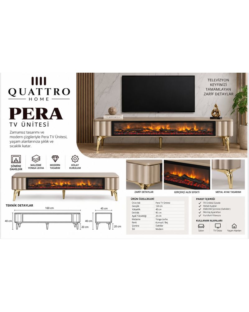Pera Elektrikli Şömineli TV Ünitesi 160 cm Kumsal Bej Gold Metal Ayaklı Modern TV Sehpası