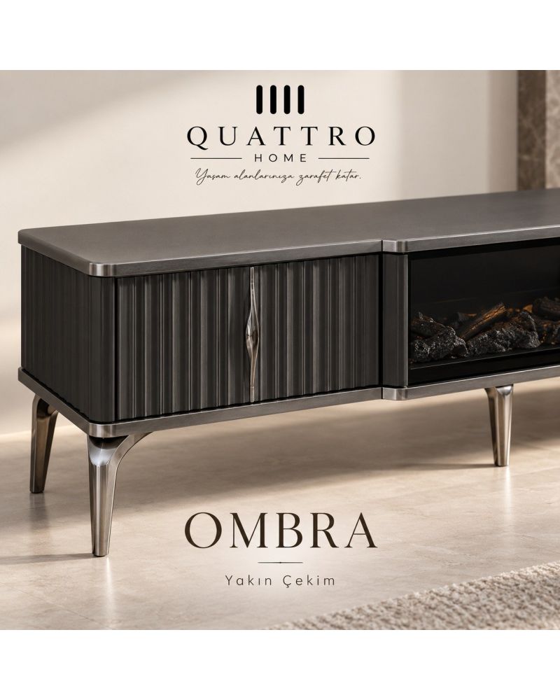 Ombra Şömineli TV Ünitesi Koyu Gri Metalik Detaylı Modern Tasarım 160 cm