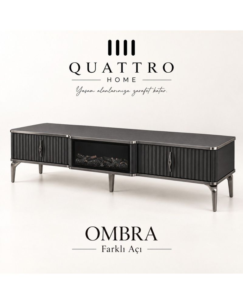 Ombra Şömineli TV Ünitesi Koyu Gri Metalik Detaylı Modern Tasarım 160 cm