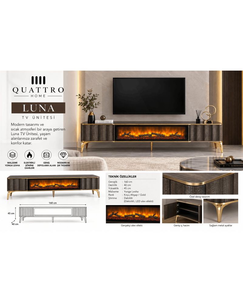 Luna Elektrikli Şömineli TV Ünitesi 160 cm Koyu Ahşap Gold Ayaklı Modern TV Sehpası