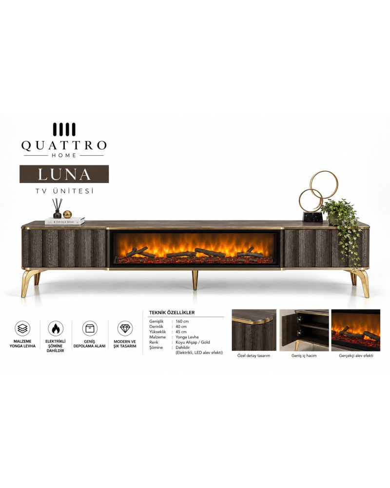 Luna Elektrikli Şömineli TV Ünitesi 160 cm Koyu Ahşap Gold Ayaklı Modern TV Sehpası