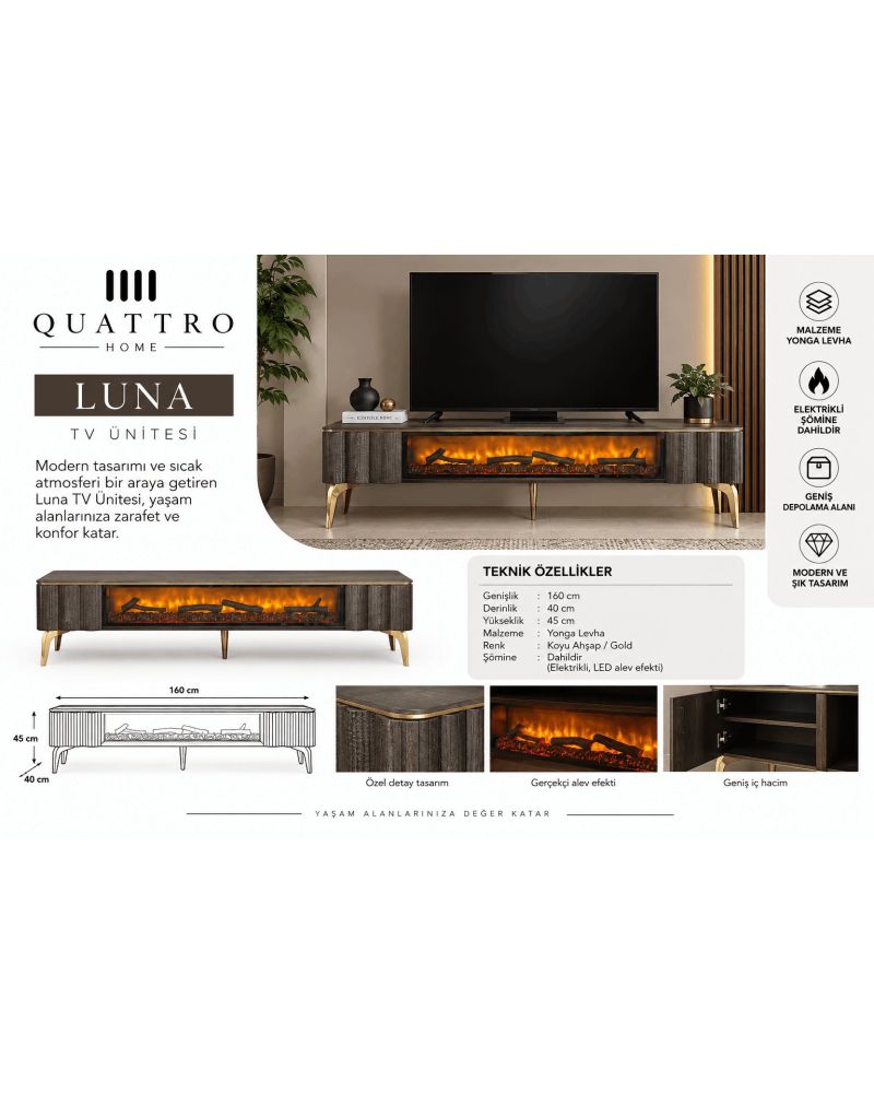 Luna Elektrikli Şömineli TV Ünitesi 160 cm Koyu Ahşap Gold Ayaklı Modern TV Sehpası